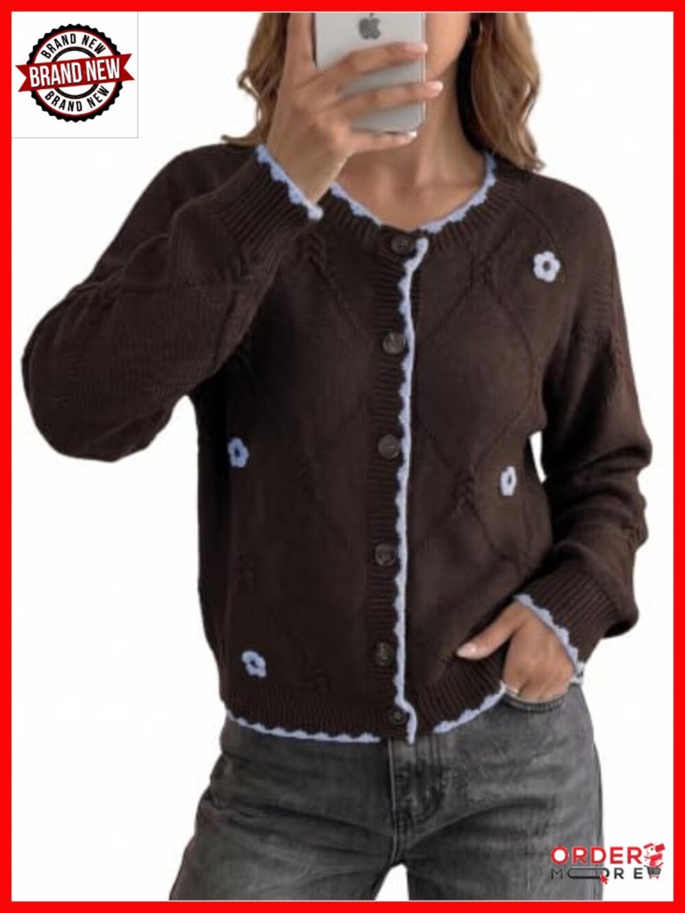 Floral Embroidered Ruffle Button Cardigan Long Sleeve Cotton Knit Sweater